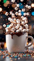 Levitating marshmallows and colorful sprinkles over white mug with melted chocolate, dramatic lighting creates magical atmosphere for winter drink photography.