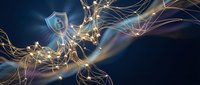 Digital security shield protecting data flow through glowing network connections against cyber threats in dark technological environment.