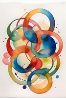 Vibrant watercolor circles in blue, orange, and green overlap creating dynamic abstract composition with fluid transparent rings and organic paint splashes on white paper.