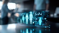Digital healthcare interface showing family silhouettes with medical data visualization and vital signs monitoring in futuristic blue holographic display.