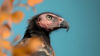 Majestic vulture head close-up portrait against blurred turquoise background with orange bokeh elements, showing detailed feathers and distinctive hooked beak.