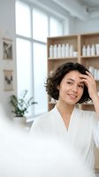 Young woman with short dark wavy hair and medium skin tone wearing white shirt, touching head with hand, smiling in bright modern office with wooden shelves and large windows, suitable for business and lifestyle content.