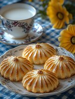 Golden fluted pastries on vintage china plate with teacup and yellow flowers creating elegant afternoon tea setting for bakery and hospitality designs.