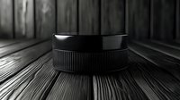 Black hockey puck on dark wooden surface with dramatic lighting and parallel lines creating depth perspective, moody sports equipment still life photography.