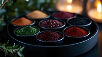 Vibrant colorful spices and seasonings in round black ceramic serving dish with compartments against dark background with soft candlelight and herbs.