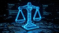 Digital holographic scales of justice glowing in blue neon light on futuristic circuit board background for legal technology and cyber law concepts.