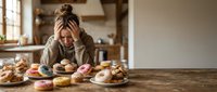 Middle-aged woman with brown hair in bun, wearing glasses and casual clothing, sitting at wooden table surrounded by assorted donuts and pastries, displaying conflicted expression about food choices.