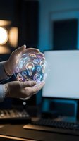 Hands holding glowing sphere with innovation icons and light bulbs representing creative ideas, technology solutions and business inspiration in modern office.
