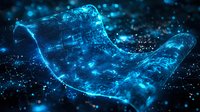 Glowing blue digital wave with particles and light effects on dark background, futuristic technology concept for business and science visualization.
