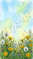 Watercolor meadow with yellow dandelions, fluffy seed heads, and wildflowers under a soft blue sky with flying seeds drifting in the breeze.