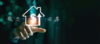 Hand pointing at glowing house icon with dollar sign surrounded by financial symbols on dark bokeh background for real estate investment concepts.
