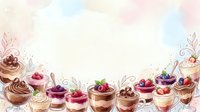 Layered desserts and pastries with berries, chocolate mousse, and cream in glasses arranged in a row on white background, suitable for bakery, cafe, food blog, and recipe design projects.