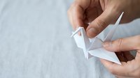Close-up of hands holding a white paper origami crane against a light background, symbolizing peace, hope, and mindfulness for wellness and meditation concepts.