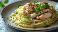 Grilled chicken breast with pesto pasta, fresh basil garnish on ceramic plate. Close-up view shows juicy meat, al dente spaghetti coated in herb sauce.