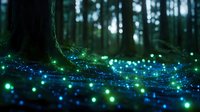 Glowing bioluminescent particles flow across forest floor around tree trunk, creating magical light trails through dark woodland environment for fantasy and nature concepts.