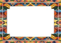 Colorful ethnic geometric border frame with tribal patterns in vibrant orange, yellow, blue and green tones. Isolated on white background, ready for design projects, invitations, posters and digital layouts.