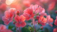 Delicate coral-pink geranium flowers in soft focus against blurred background, with morning dew and gentle bokeh effect creating dreamy garden atmosphere.