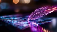 Glowing neon feather with water drops reflecting pink and blue light against dark background, creating magical bokeh effect and ethereal atmosphere.