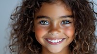 Smiling young mixed race girl with bright blue eyes and curly dark hair against light background, showing natural beauty and joy in childhood portrait.