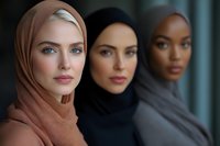 Diverse group of three confident women wearing hijabs in different styles and colors, representing unity, faith and modern femininity in soft natural lighting.