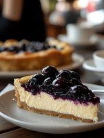 Creamy cheesecake slice topped with fresh blueberry sauce on gray plate, shallow depth of field focus on berry topping, graham cracker crust base.