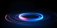 Glowing neon spiral rings with blue and pink light trails creating dynamic motion effect against dark background, modern abstract design element.