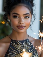 Young woman with glowing makeup and updo hairstyle wearing elegant black and gold dress, celebrating with sparklers against soft bokeh background.