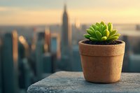 Small green succulent plant in terracotta pot against blurred urban cityscape background with skyscrapers during golden sunset hour, selective focus on foreground.