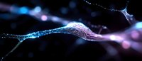 Glowing neuron cell with synaptic connection on dark background, neural network visualization showing electrical impulse transmission in brain.