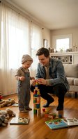 Father and toddler son playing with colorful wooden blocks in bright living room. Family bonding time, parenting, child development, home activities.