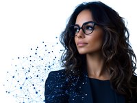 Young Hispanic businesswoman with glasses and long wavy dark hair against white background with blue network connection dots and lines pattern. Digital transformation concept.