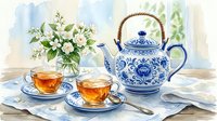 Watercolor tea set with blue and white porcelain teapot, two cups of tea, jasmine flowers on a wooden table with soft light.