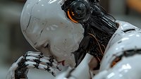 Futuristic robotic figure with white glossy shell and mechanical components showing intricate details of artificial intelligence and cybernetic technology.