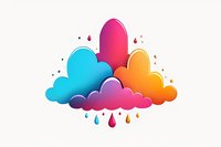 Vibrant multicolored clouds with gradient effect and falling raindrops on white background, featuring blue, pink, purple and orange hues. Modern minimal design for creative projects.