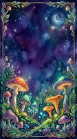 Enchanted forest floor with glowing mushrooms, celestial night sky, crescent moon, stars, and ornate botanical border frame for fantasy and magical themes.