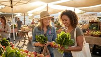 Two diverse women shopping for fresh organic vegetables at outdoor farmers market during golden hour sunset with vendor stalls and umbrellas in background.