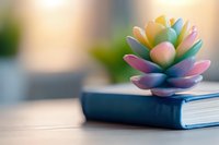 Pastel rainbow succulent decoration made from polymer clay sits atop dark blue hardcover book against soft blurred background, creating serene minimalist composition.