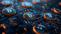 Digital currency symbols on circuit board with glowing orange elements and technological pattern, representing modern financial technology and digital money.