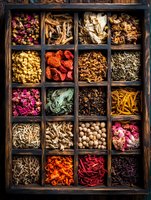 Dried herbs, flowers, and spices in vintage wooden compartment box. Collection of natural ingredients for tea, cooking and alternative medicine displayed in rustic organizer.