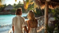 Romantic couple enjoying sunset at tropical resort, holding hands on wooden terrace overlooking turquoise lagoon. Perfect for travel, honeymoon, and lifestyle advertising.