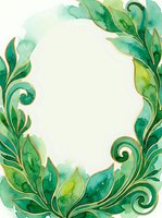 Watercolor botanical frame with green leaves and ornamental scrolls, isolated on white background for design, invitations, and decorative projects.
