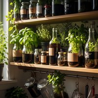 Rustic kitchen shelves with fresh herbs, spices in glass jars, and potted plants creating an organic cooking space for culinary and home decor projects.