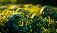 Ancient mystical stones with glowing yellow runes scattered in green grass at sunset, magical fantasy atmosphere for gaming and spiritual concepts.