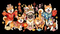 Cute dogs in Chinese New Year outfits, isolated on transparent background. Shiba, corgi, pug, pomeranian in festive costumes for clipart, stickers, t-shirt design, print on demand.