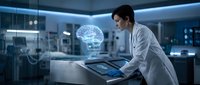 Female scientist analyzing brain data on futuristic holographic display in modern medical laboratory with advanced technology and blue lighting atmosphere.