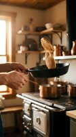 Hands holding cast iron skillet with wooden utensils in rustic farmhouse kitchen with warm natural lighting and vintage cookware on shelves.