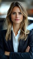 Professional blonde businesswoman in dark suit with crossed arms looking confident in modern office environment for corporate marketing materials.