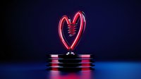 Glowing neon heart shape on metallic podium against dark background with dramatic blue lighting creates modern romantic atmosphere for Valentine's day designs.