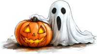 Spooky Halloween illustration with glowing carved pumpkin jack o lantern and white ghost figure on white background, watercolor style artwork for seasonal decor.