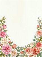 Watercolor floral frame with pink and coral roses, greenery, and foliage on cream background. Isolated design element suitable for invitations, greeting cards, and wedding stationery.